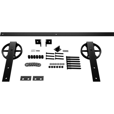 EKENA MILLWORK Premium Wagon Wheel Strap Barn Door Hardware Set w/ 7' Track for 1 3/8" Doors, Matte Black GB600137HWMB
